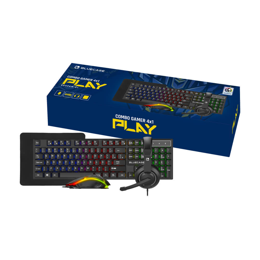 COMBO GAMER 4 EM 1 PLAY TECLADO MOUSE HEADSET MOUSEPAD - LED RAINBOW | BLUECASE PN BGHPKM-01BX - 1
